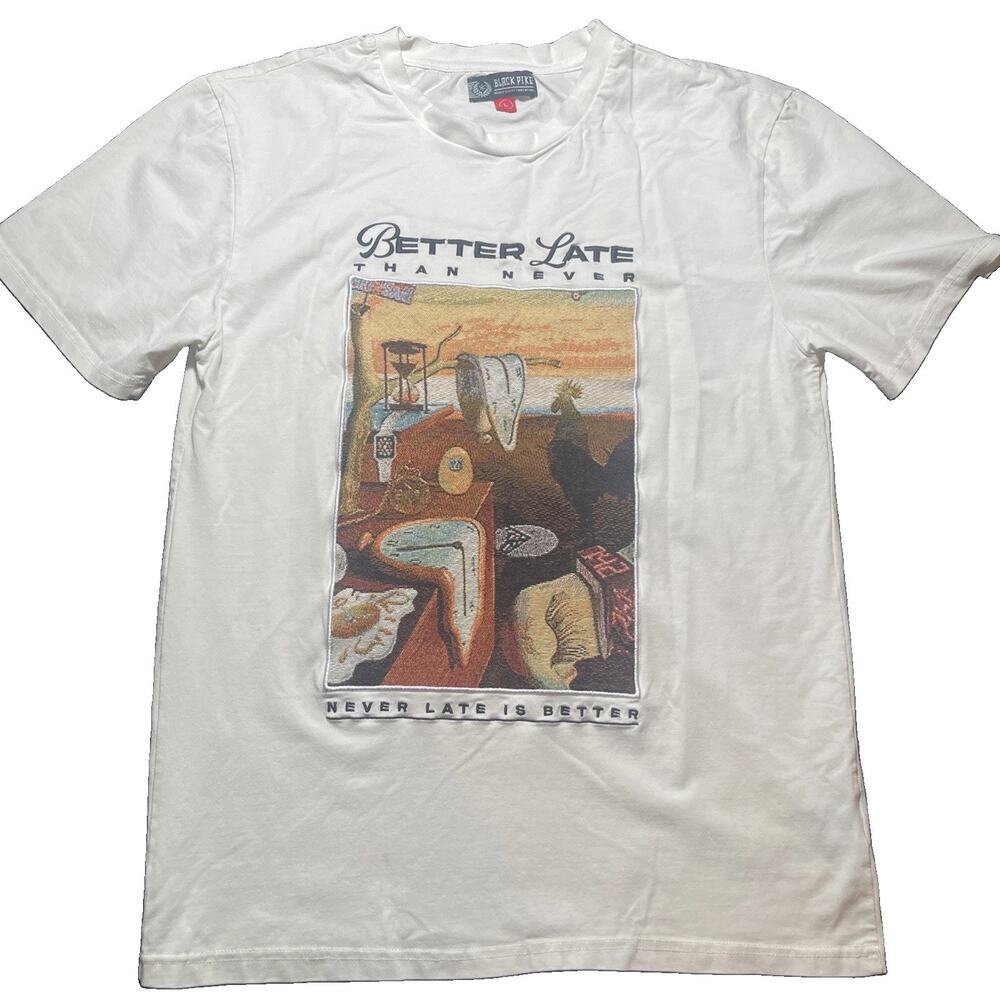 Black Pike Better Late Than Never Mens L Graphic T-Shirt White Art Tee